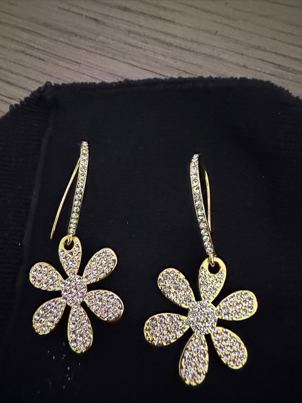 Gold Crystal Pave Flower Drop Earrings - Sparkling Floral Dangle
